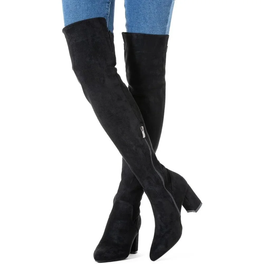 Women Black\3inch Suede Over the Knee Thigh High Chunky Block Heel Winter Boots